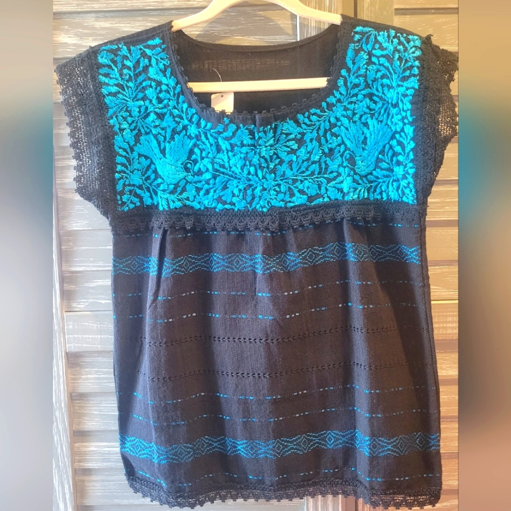 📣2 for $35‼️Embroidered & Lace Black and Blue Traditional Mexican Top